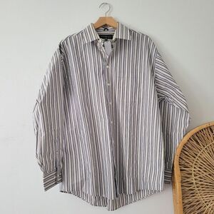 Kenneth Cole New York Button Down Shirt Striped Blue Brown 16.5